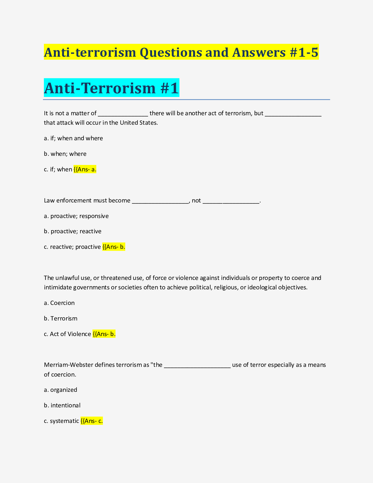 Level 1 AntiTerrorism Study Guide with complete solution Verified